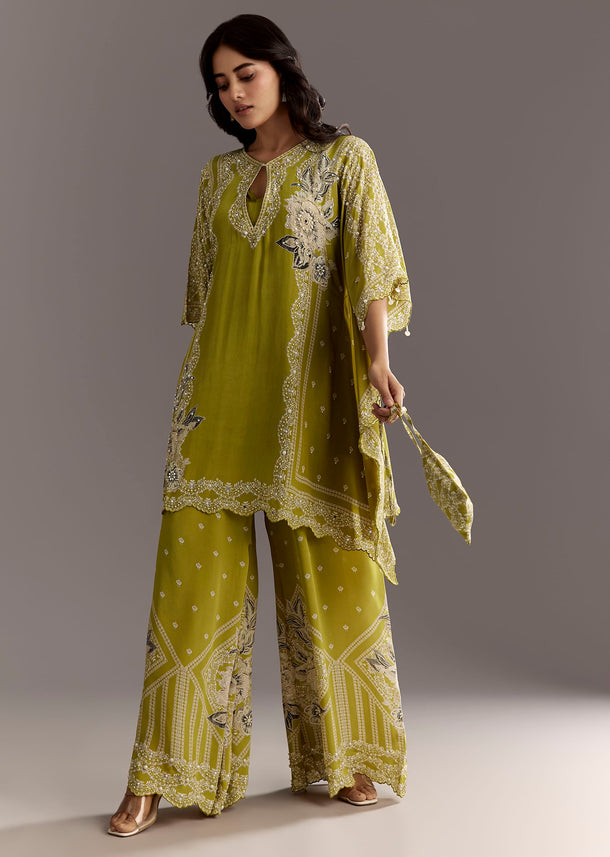 Light Green Floral Printed Kaftaan Kurta With Moti Work Palazzo And Side Pouch Bag