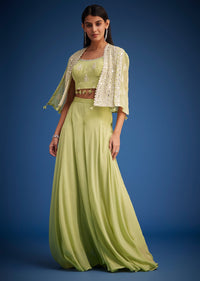 Light Green Georgette Embroidered Cape Lehenga Set