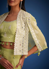 Light Green Georgette Embroidered Cape Lehenga Set