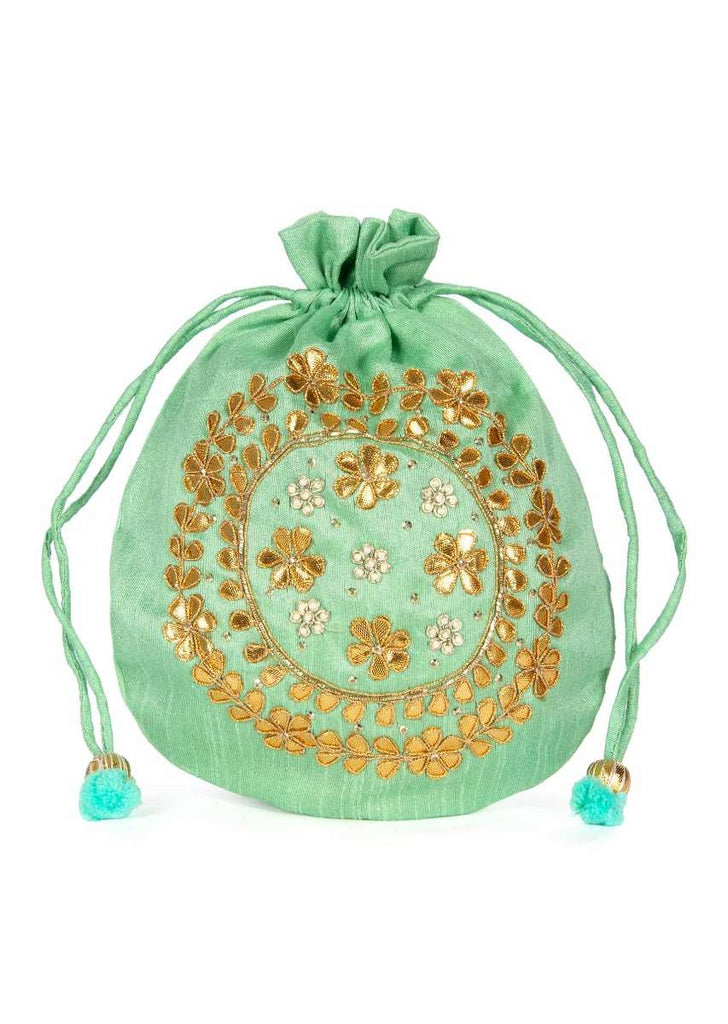 Light green velvet potli bag embellished in gotta patch and moti kalki