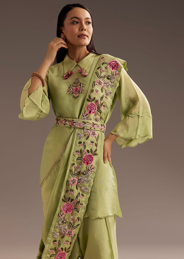 Light Green Zardosi Motif Kurta Dupatta Belt Set