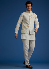 Light Grey Linen Kurta Set With Resham Work Jacket