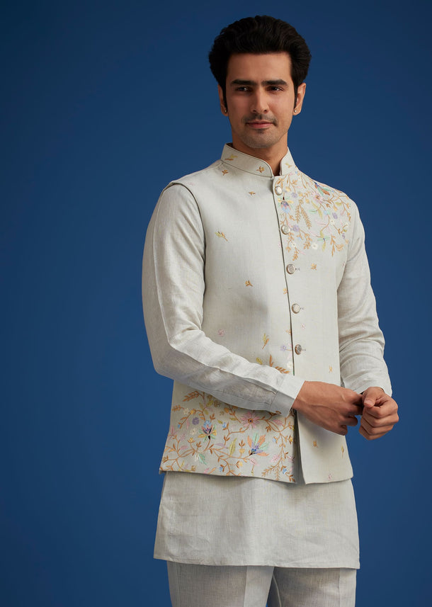 Light Grey Linen Kurta Set With Resham Work Jacket