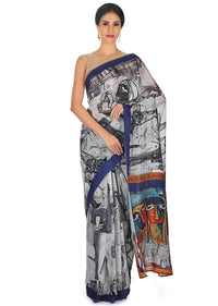 Light grey saree in abstract human face print all over only on Kalki