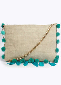 Light Grey Sling Bag With Thread Embroidered Evil Eye, Pompoms And Feathers By Sole House