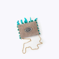 Light Grey Sling Bag With Thread Embroidered Evil Eye, Pompoms And Feathers By Sole House