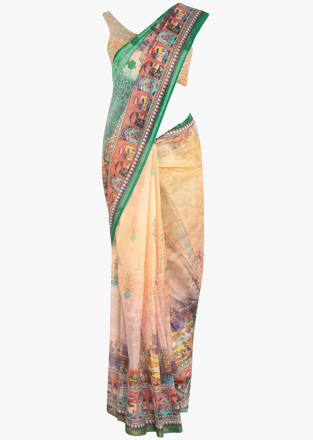 Light peach cotton silk printed saree