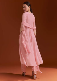 Light Pink Chinon Anarkali Suit With Cut Dana And Beads Work