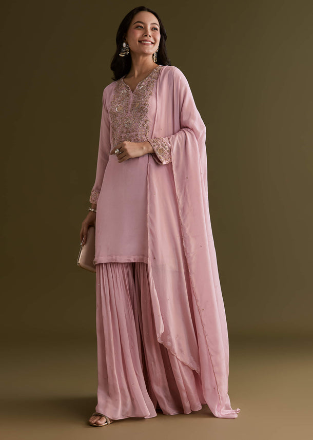 Light Pink Chinon Cutdana Sharara Suit