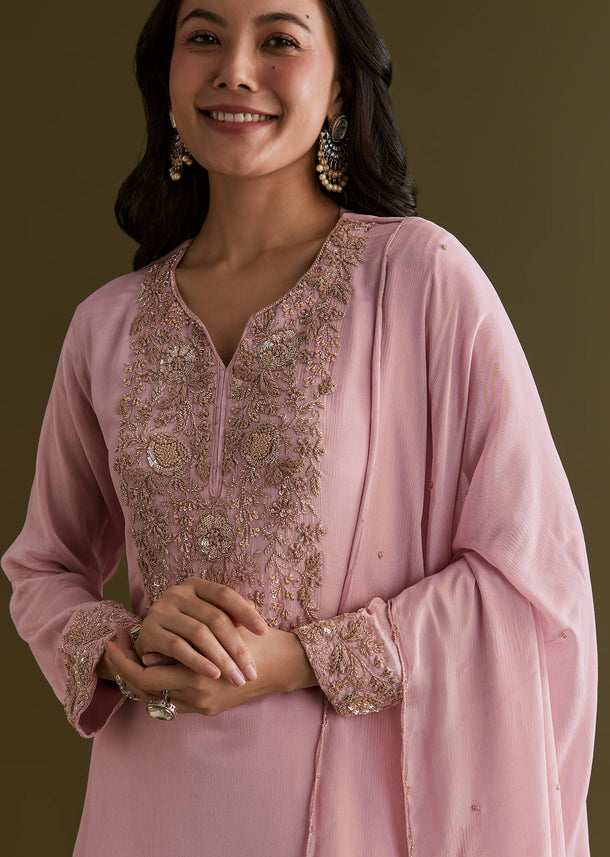 Light Pink Chinon Cutdana Sharara Suit