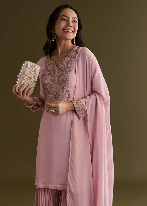 Light Pink Chinon Cutdana Sharara Suit