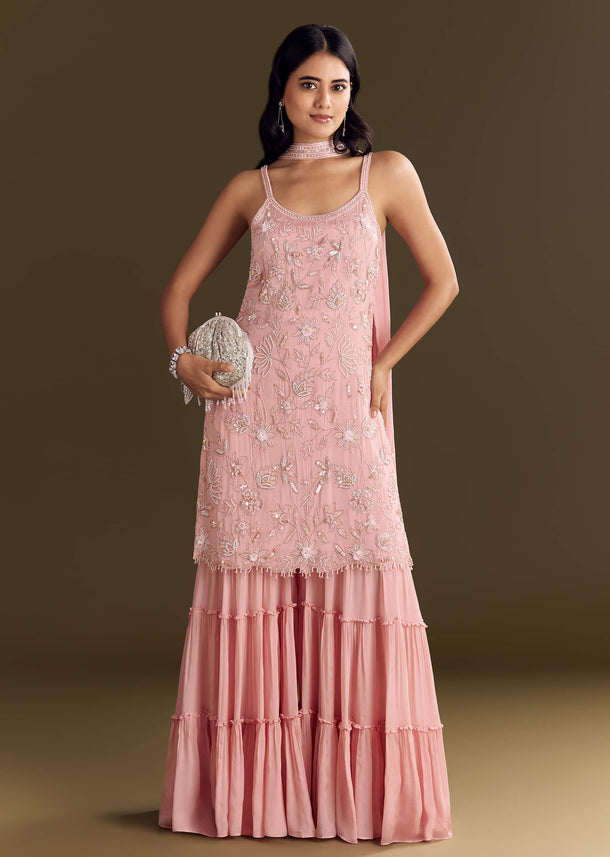 Light Pink Chinon Embroidered Kurta Sharara With Choker Dupatta