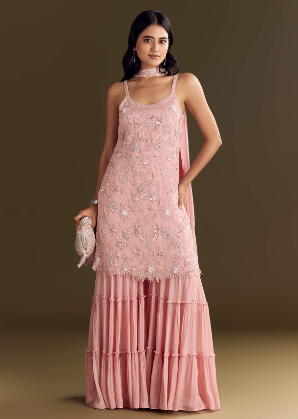 Light Pink Chinon Embroidered Kurta Sharara With Choker Dupatta
