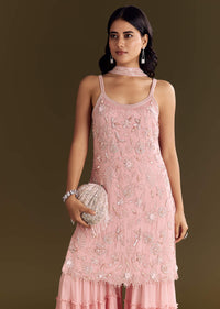 Light Pink Chinon Embroidered Kurta Sharara With Choker Dupatta