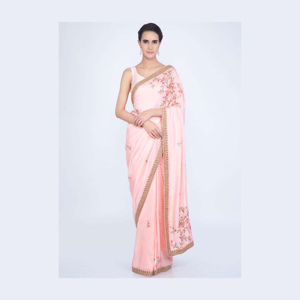 Light pink dupion silk saree with multi color embroiered butti only on Kalki