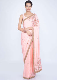 Light pink dupion silk saree with multi color embroiered butti only on Kalki