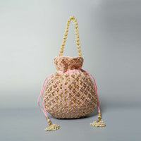 Light Pink Potli Bag In Velvet With Cut Dana And Beads Embroidered Jaal