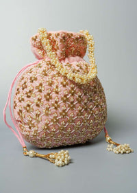Light Pink Potli Bag In Velvet With Cut Dana And Beads Embroidered Jaal