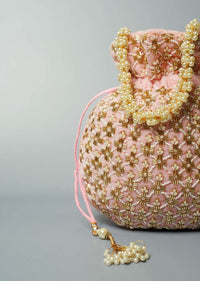 Light Pink Potli Bag In Velvet With Cut Dana And Beads Embroidered Jaal