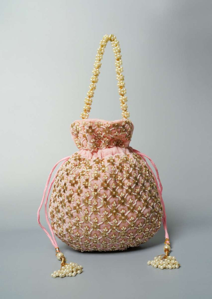 Light Pink Potli Bag In Velvet With Cut Dana And Beads Embroidered Jaal