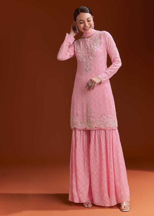 Light Pink Printed Chinon Sharara Set With Cut Dana And Sequins