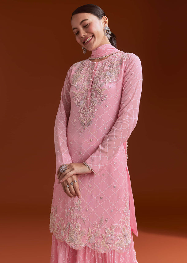 Light Pink Printed Chinon Sharara Set With Cut Dana And Sequins