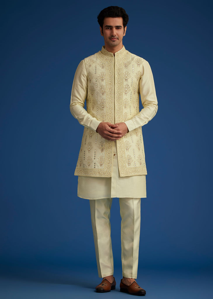 Light Pista Silk Kurta Set With Thread And Mirror Work Jacket