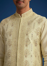 Light Pista Silk Kurta Set With Thread And Mirror Work Jacket