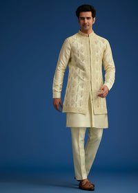 Light Pista Silk Kurta Set With Thread And Mirror Work Jacket