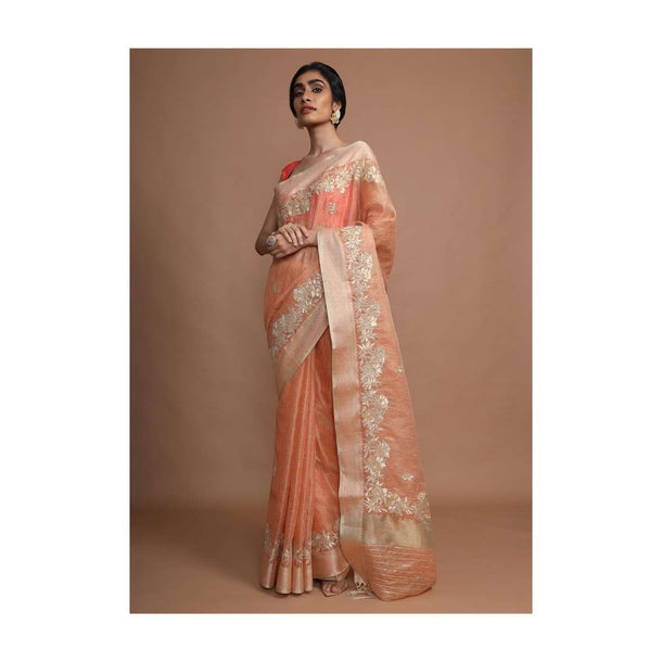 Light Tangerine Orange Saree In Linen Silk With Gotta Lace Embroidered Border Online - Kalki Fashion