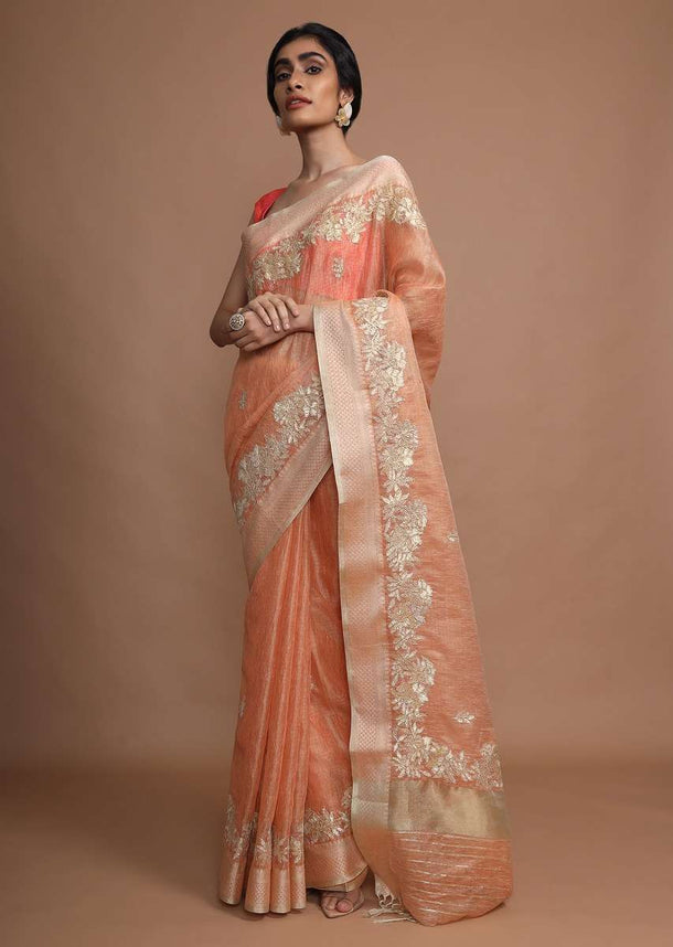 Light Tangerine Orange Saree In Linen Silk With Gotta Lace Embroidered Border Online - Kalki Fashion