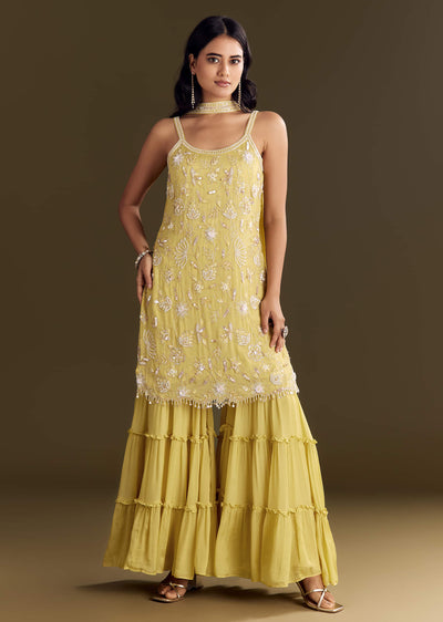Light Yellow Chinon Embroidered Kurta Sharara With Choker Style Dupatta