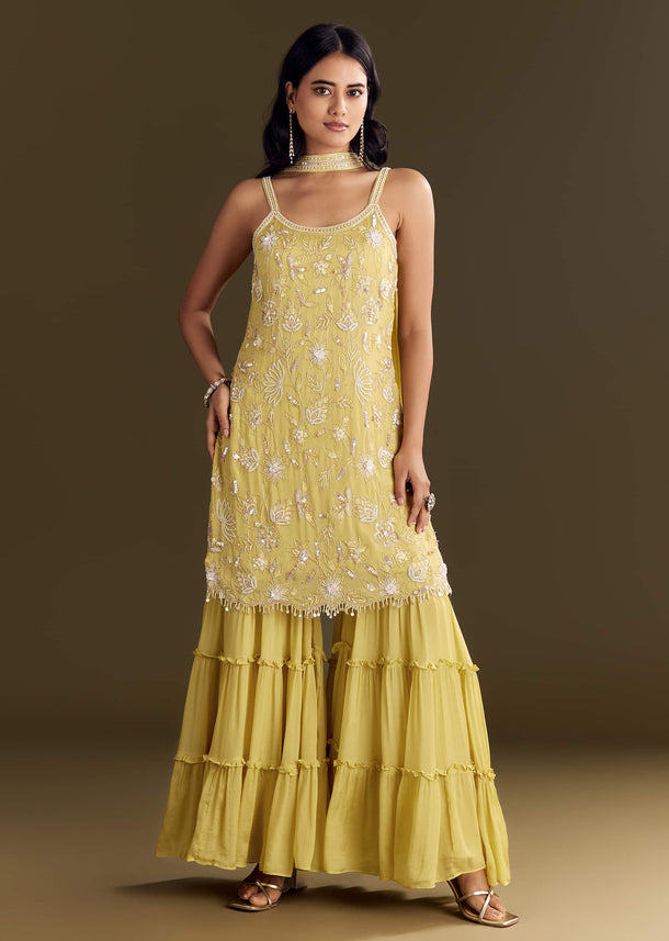 Light Yellow Chinon Embroidered Kurta Sharara With Choker Style Dupatta