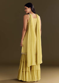 Light Yellow Chinon Embroidered Kurta Sharara With Choker Style Dupatta