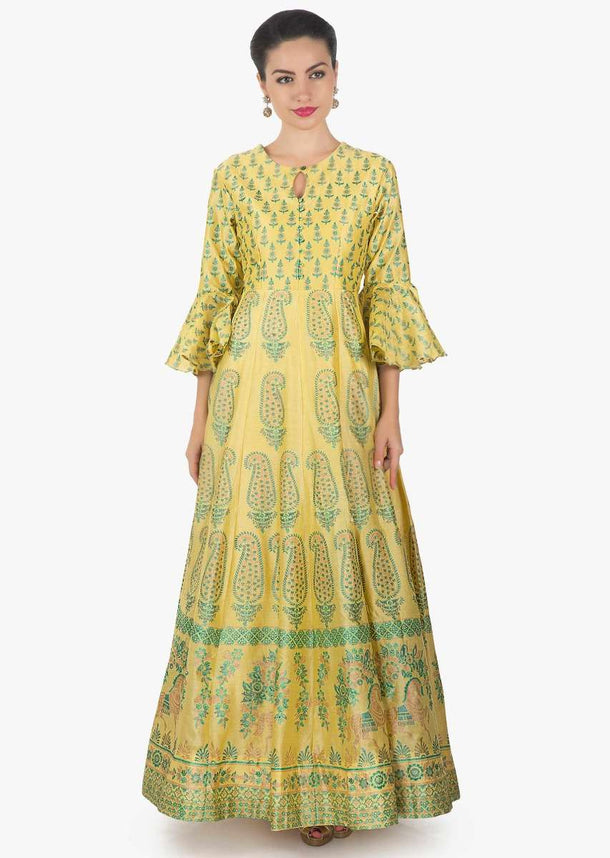 Light yellow long dress in floral printed kali only on Kalki