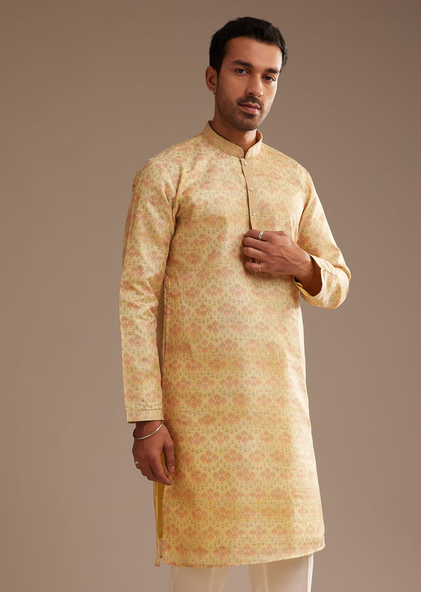 Light Yellow Silk Abstract Printed Kurta Set