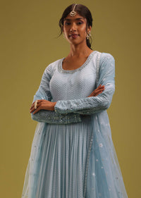 Light Blue Georgette Anarkali Set With Lucknowi Embroidery