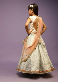 Kalki Girls Light Blue Lehenga In Brocade Silk With Weaved Floral Jaal And Off White Choli