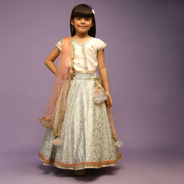 Kalki Girls Light Blue Lehenga In Brocade Silk With Weaved Floral Jaal And Off White Choli