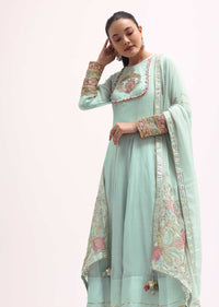 Light Blue Silk Anarkali Set In Gotta Work