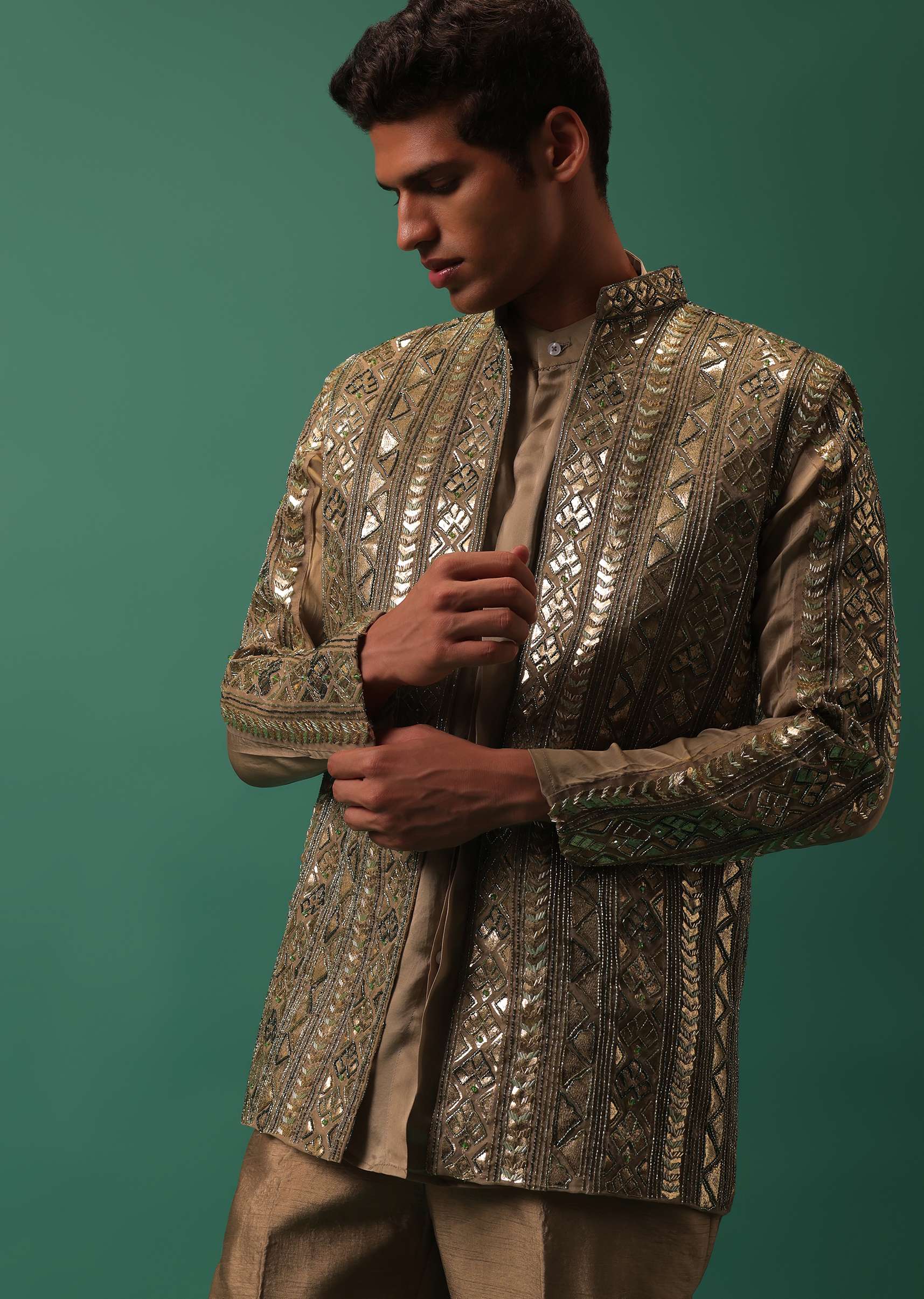 Light Brown Open Bandi Jacket And Kurta Set With Heavy Foil Work