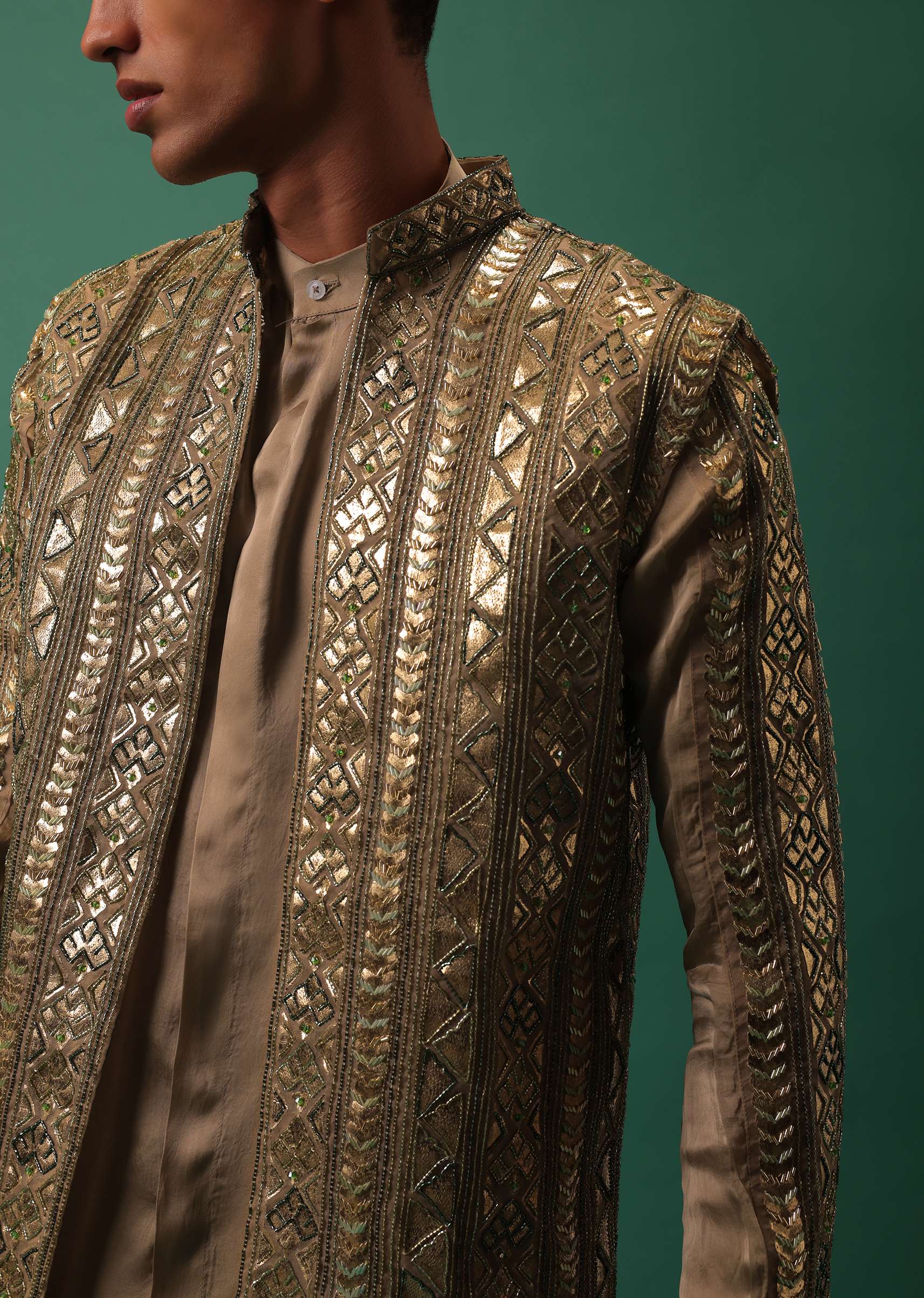 Light Brown Open Bandi Jacket And Kurta Set With Heavy Foil Work