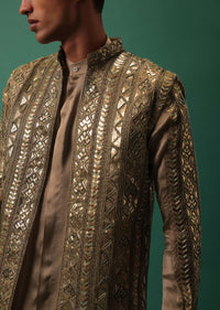 Light Brown Open Bandi Jacket And Kurta Set With Heavy Foil Work