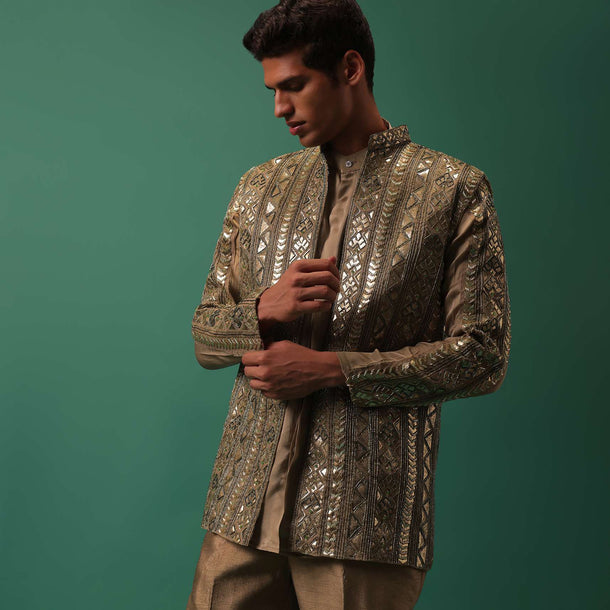 Light Brown Open Bandi Jacket And Kurta Set With Heavy Foil Work