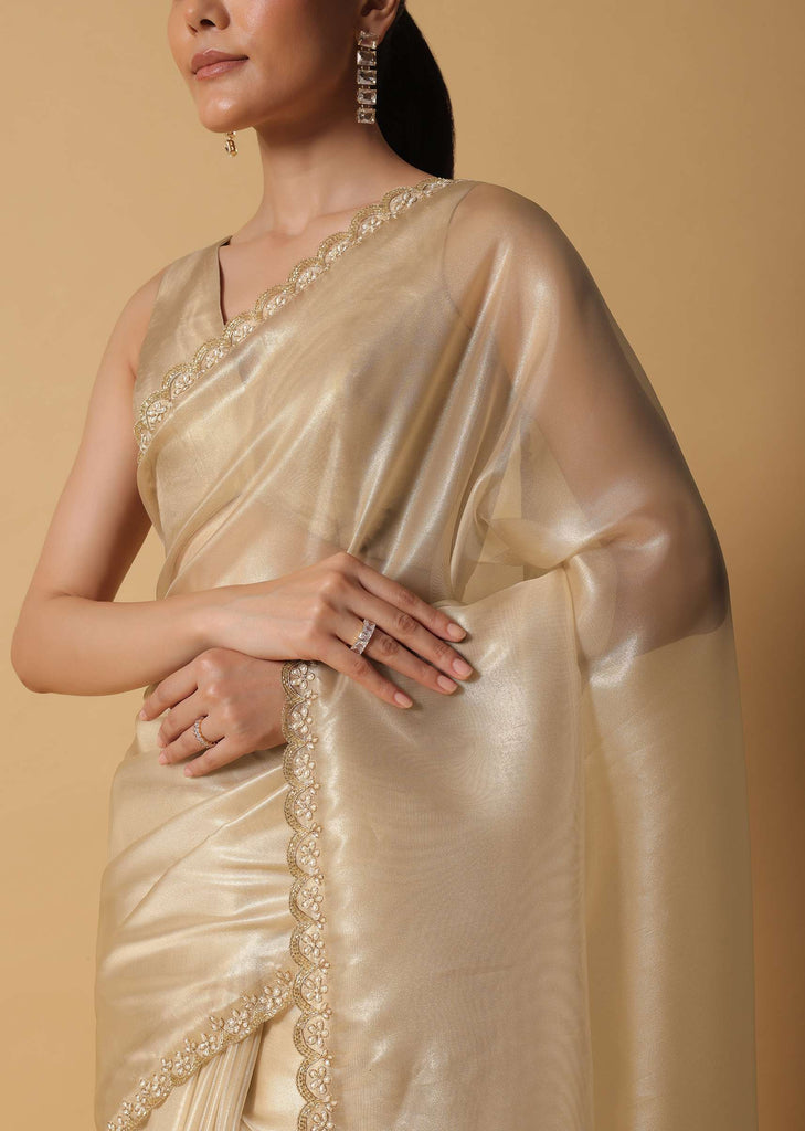 Light Gold Toned Foil Saree In Tissue With Cut Dana Embroidered Borders