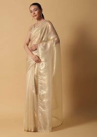 Light Gold Toned Foil Saree In Tissue With Cut Dana Embroidered Borders