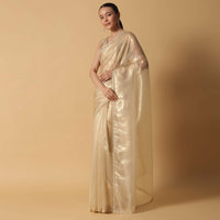 Light Gold Toned Foil Saree In Tissue With Cut Dana Embroidered Borders