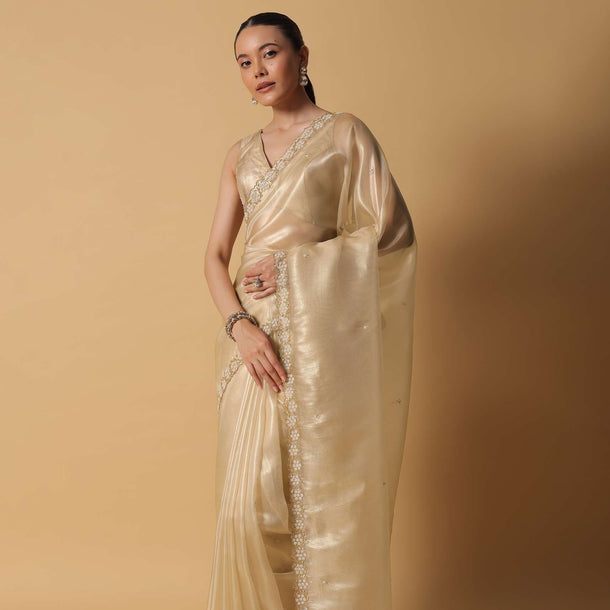 Light Gold Toned Saree In Tissue With Cut Dana Embroidered Borders