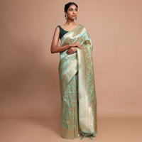 Light Green Banarasi Saree In Silk With Weaved Floral Jaal
