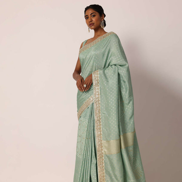 Light Green Dola Silk Bandhani Saree With Unstitched Blouse Piece
